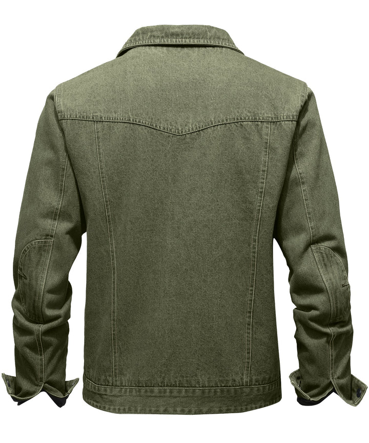 Men's denim wanderer jacket, flannel-lined, brown color, dual chest pockets, button-front closure, rugged and stylish.
