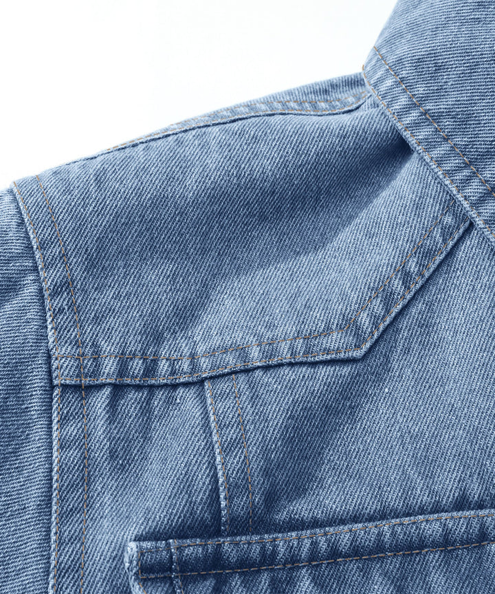 Men's denim wanderer jacket, flannel-lined, brown color, dual chest pockets, button-front closure, rugged and stylish.
