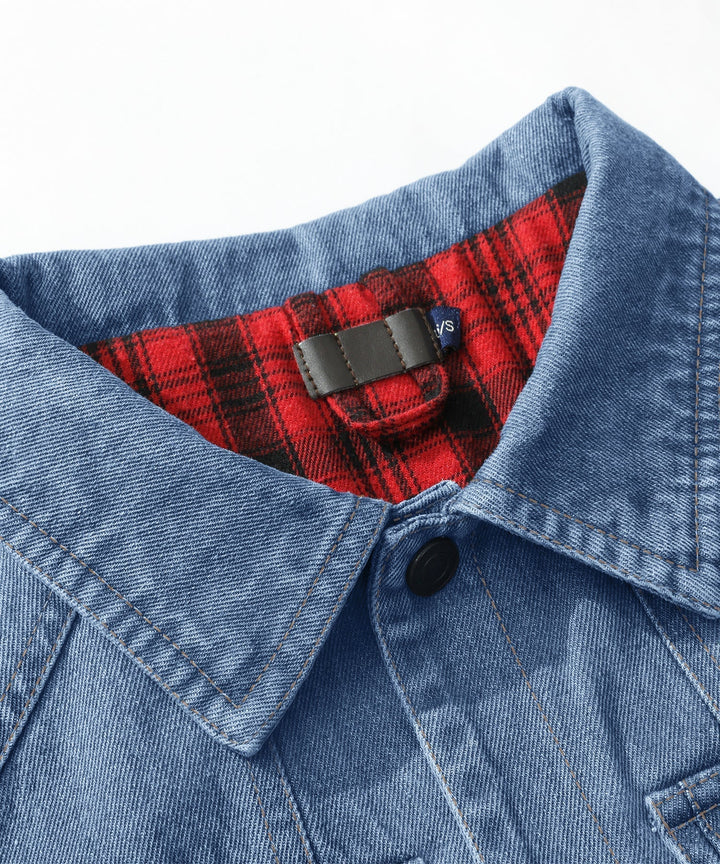 Men's denim wanderer jacket, flannel-lined, brown color, dual chest pockets, button-front closure, rugged and stylish.