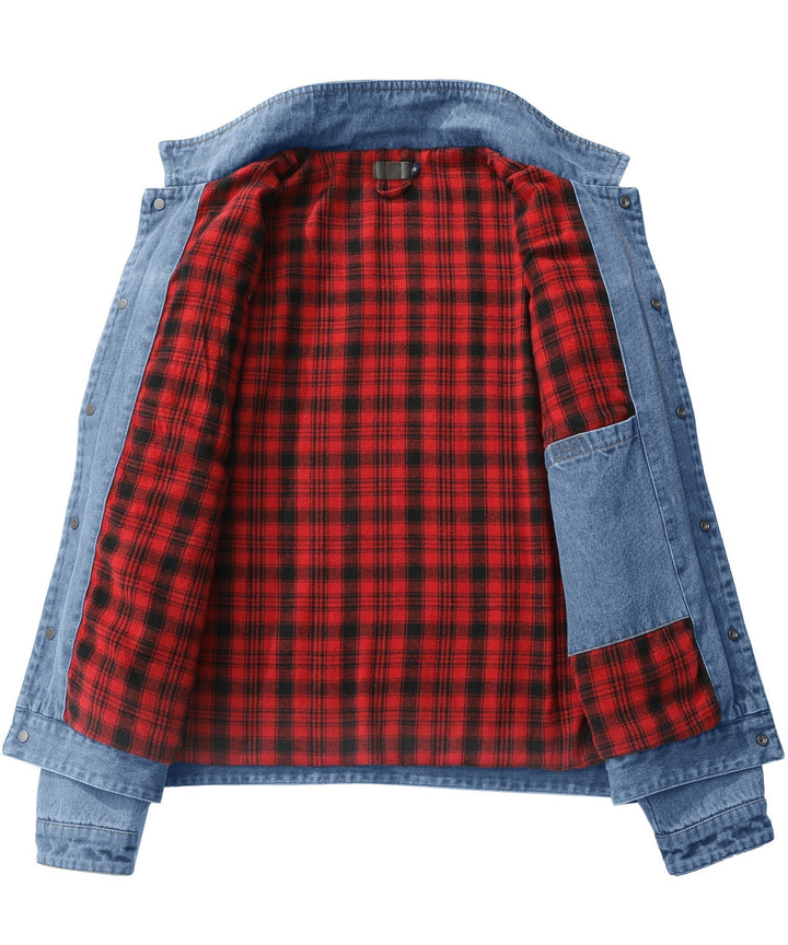 Men's denim wanderer jacket, flannel-lined, brown color, dual chest pockets, button-front closure, rugged and stylish.