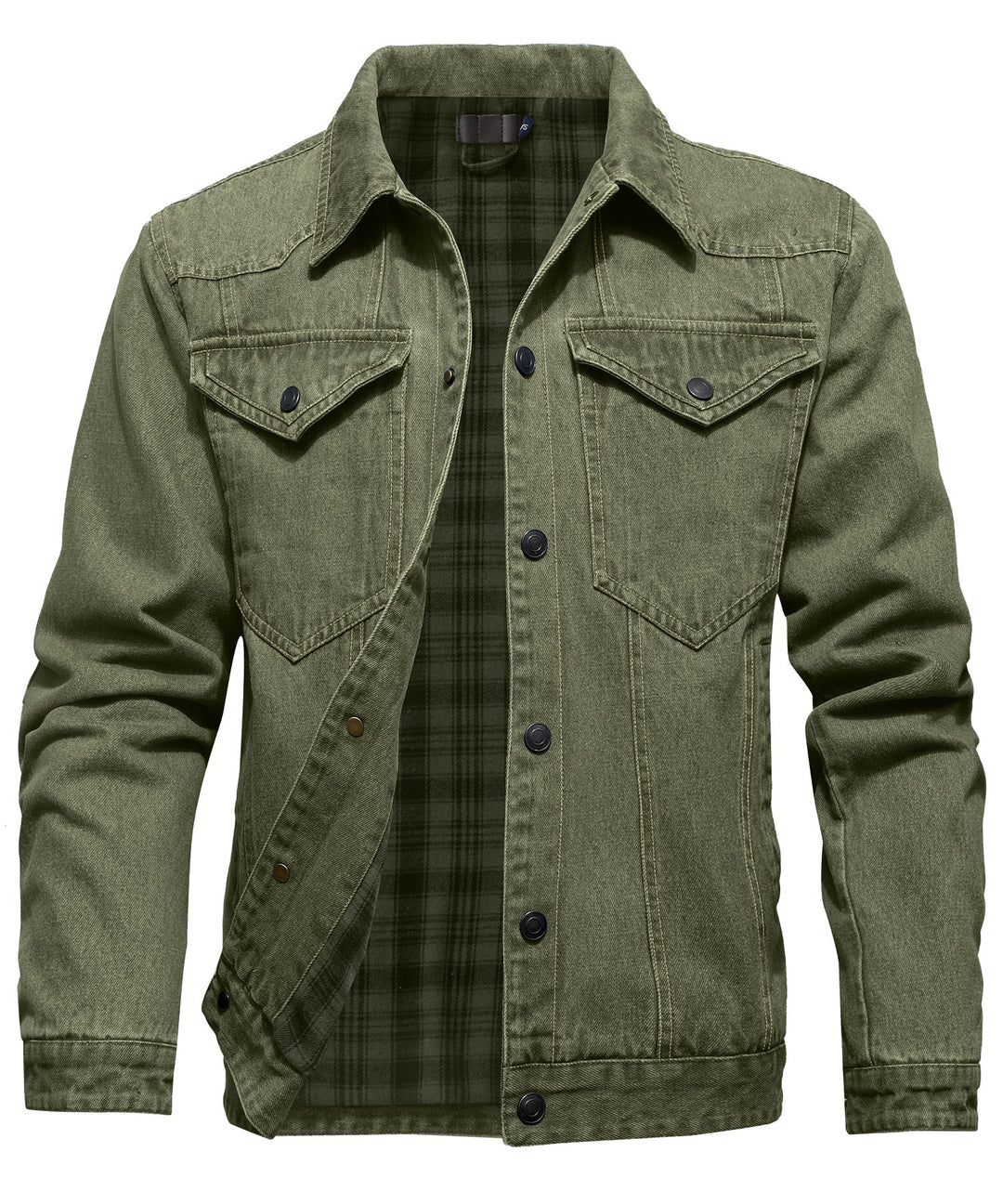 Men's denim wanderer jacket, flannel-lined, brown color, dual chest pockets, button-front closure, rugged and stylish.