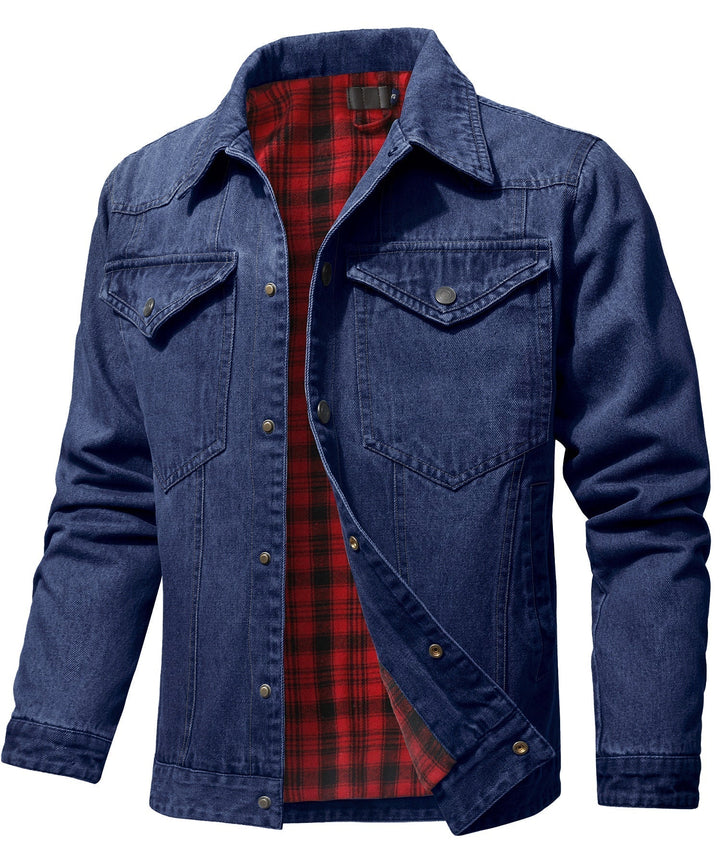 Men's denim wanderer jacket, flannel-lined, brown color, dual chest pockets, button-front closure, rugged and stylish.
