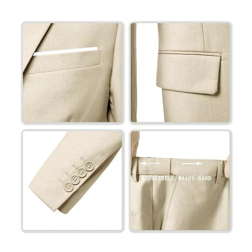Men's elegant 3-piece slim fit suit in beige; includes blazer, vest, trousers. Ideal for formal occasions. Sophisticated styl
