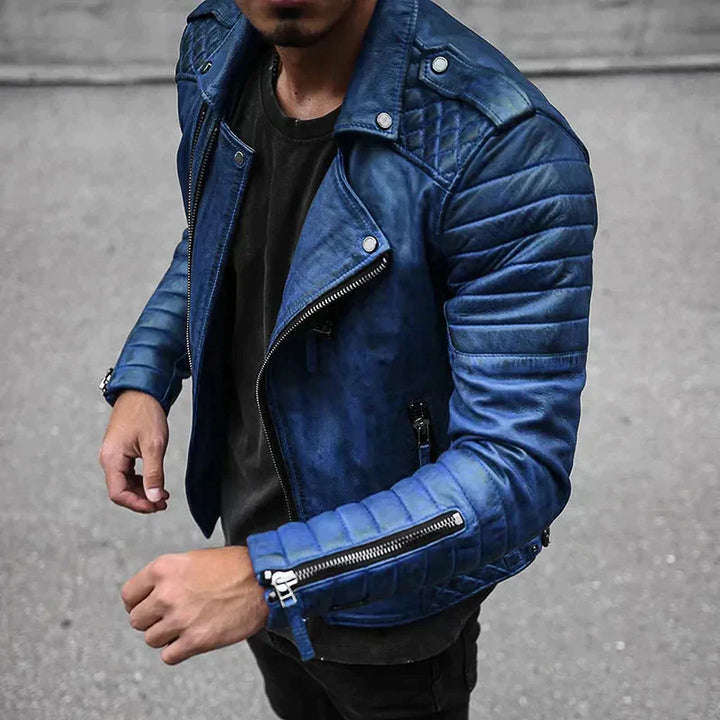 "Men's elegant leather jacket, black with sleek design, perfect for all seasons, versatile for smart and casual looks."