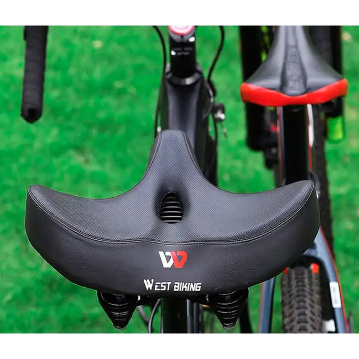 Men's extra wide breathable ergonomic bike saddle, black, padded, enhancing comfort and durability, sporting elegance.