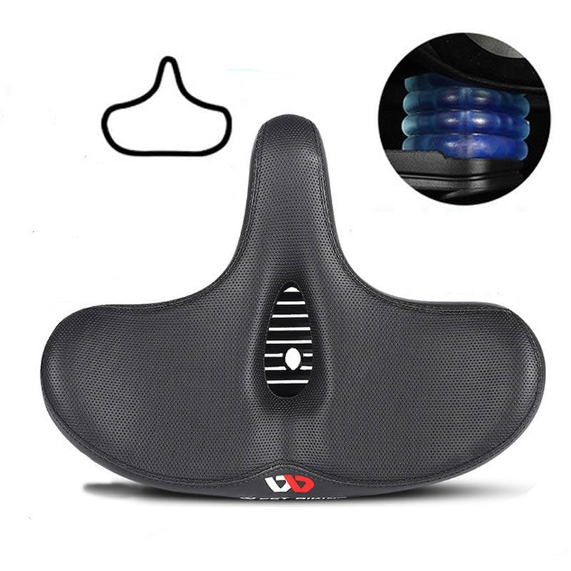 Men's extra wide breathable ergonomic bike saddle, black, padded, enhancing comfort and durability, sporting elegance.