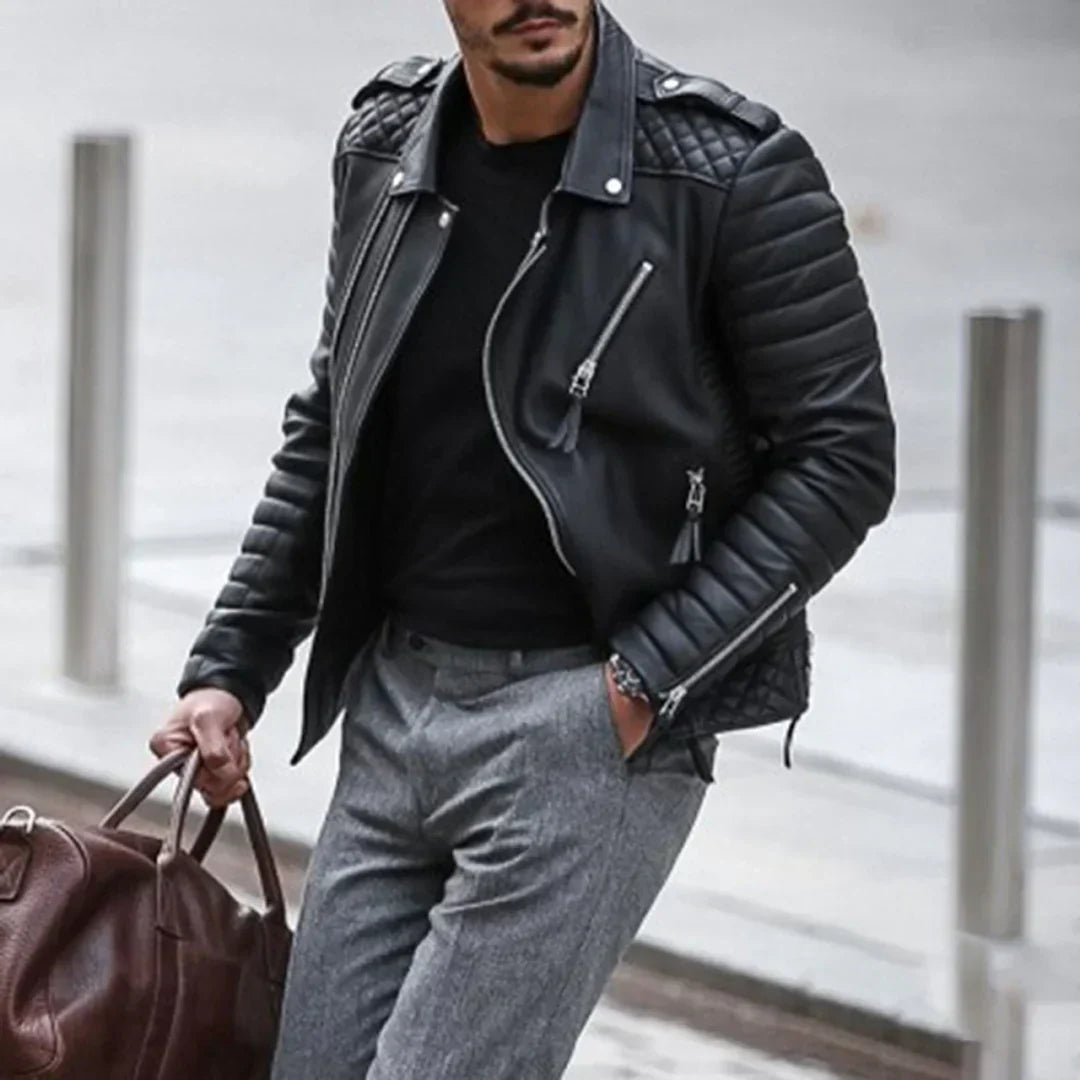 "Men's faux leather jacket with zipper closure, classic style, tailored fit, versatile for any occasion."