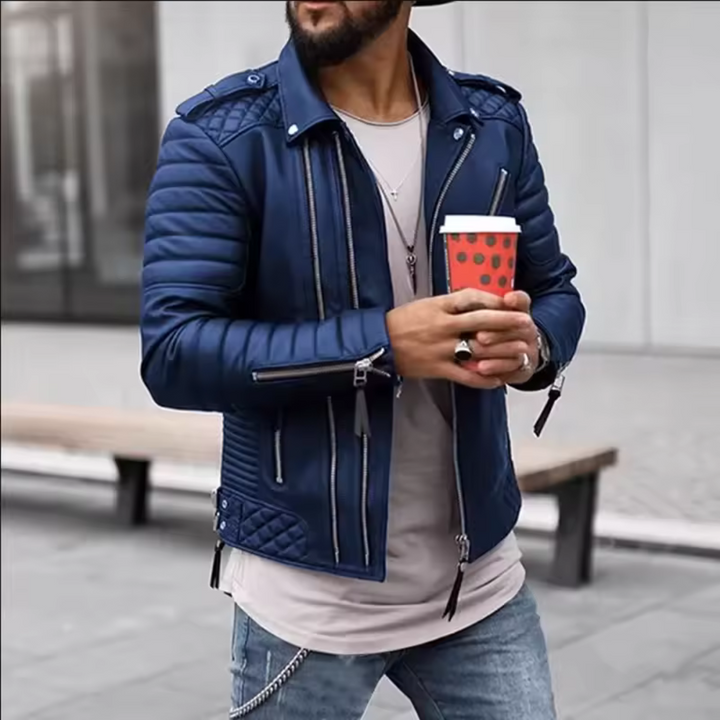 "Men's faux leather jacket with zipper closure, classic style, tailored fit, versatile for any occasion."