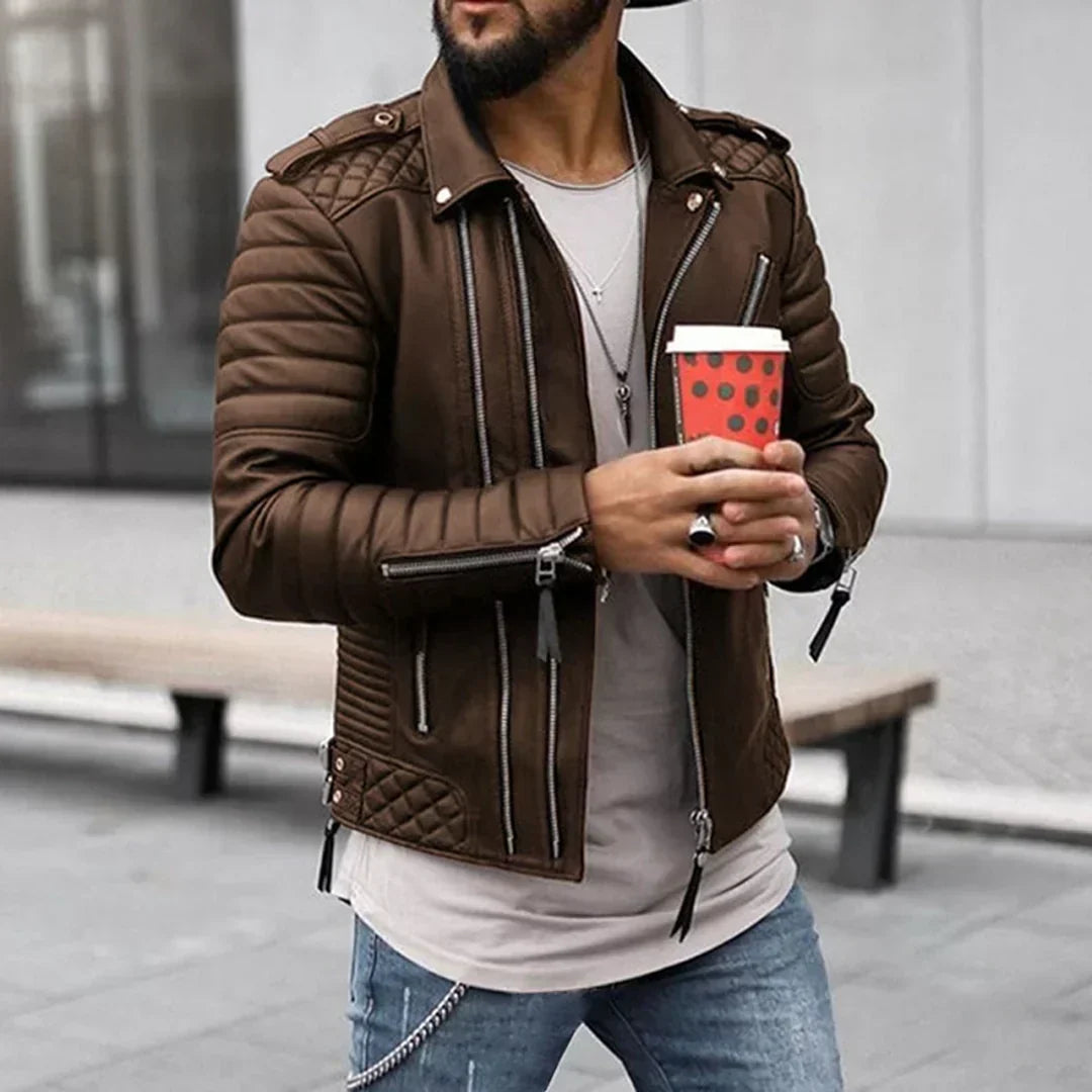 "Men's faux leather jacket with zipper closure, classic style, tailored fit, versatile for any occasion."