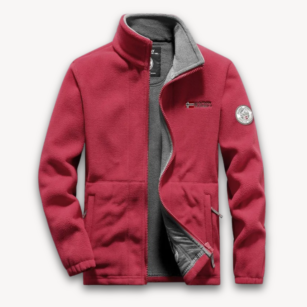 "Men's fleece jacket with full-zip front, thermal lining, in navy, side view against a white background."