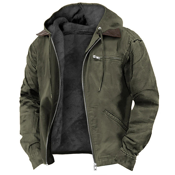 Men's fleece-lined canvas hooded jacket with zip front, rugged durable shell, soft lining, relaxed fit, shown in black.