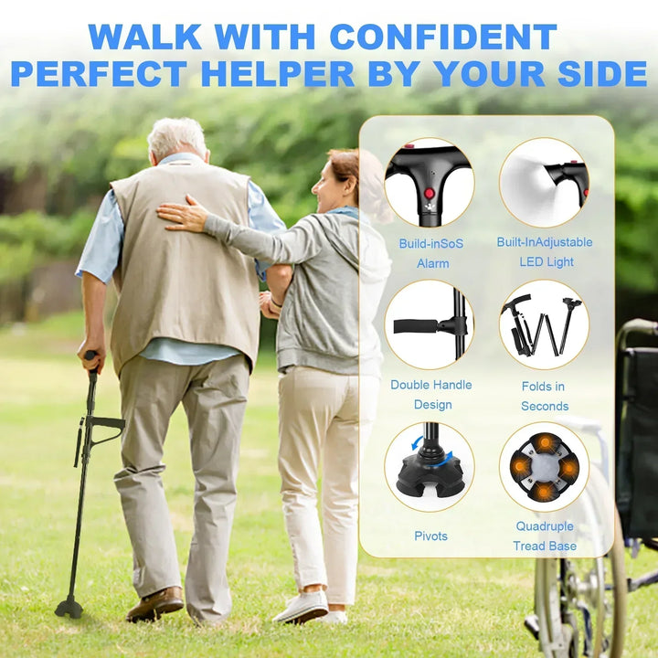 "Men's folding cane with LED light, dual handle, self-standing base; sleek design enhances mobility and safety."