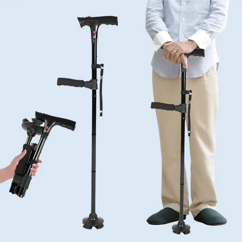 "Men's folding cane with LED light, dual handle, self-standing base; sleek design enhances mobility and safety."