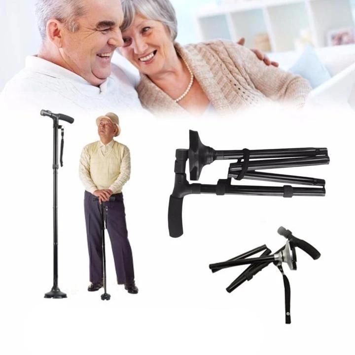 "Men's folding cane with LED light, dual handle, self-standing base; sleek design enhances mobility and safety."