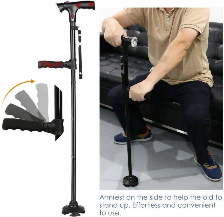 "Men's folding cane with LED light, dual handle, self-standing base; sleek design enhances mobility and safety."