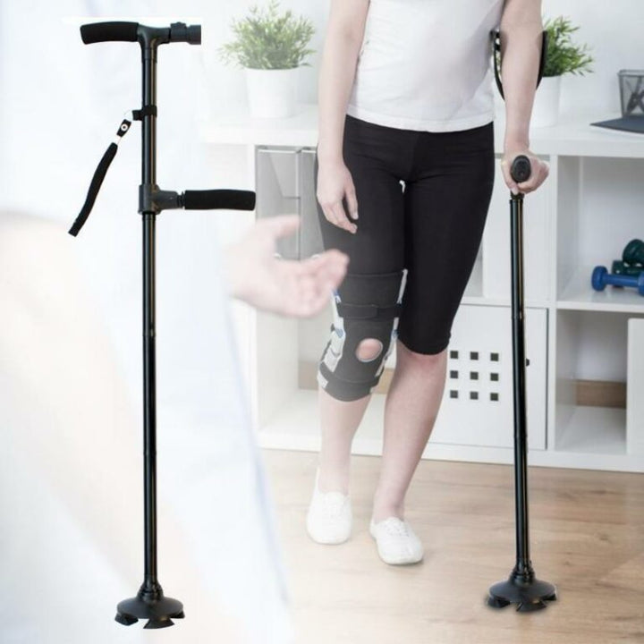 "Men's folding cane with LED light, dual handle, self-standing base; sleek design enhances mobility and safety."