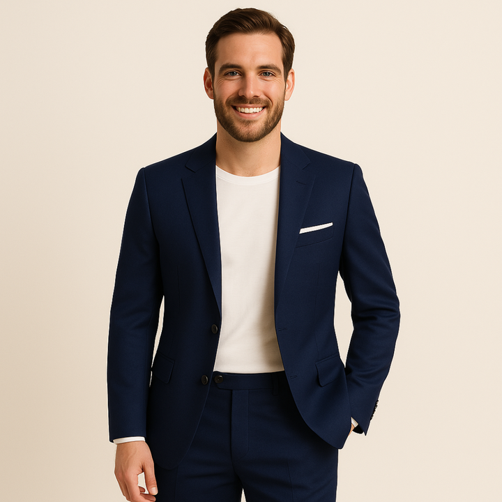 "Men's formal two-piece suit, featuring a blazer and pants, slim fit, available in black, gray, brown, and more colors."