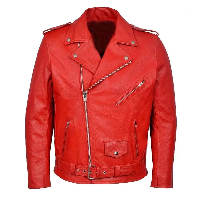 Men's genuine leather biker jacket with asymmetrical zip; sleek design, lapel collar, and belted waist for a rugged look.