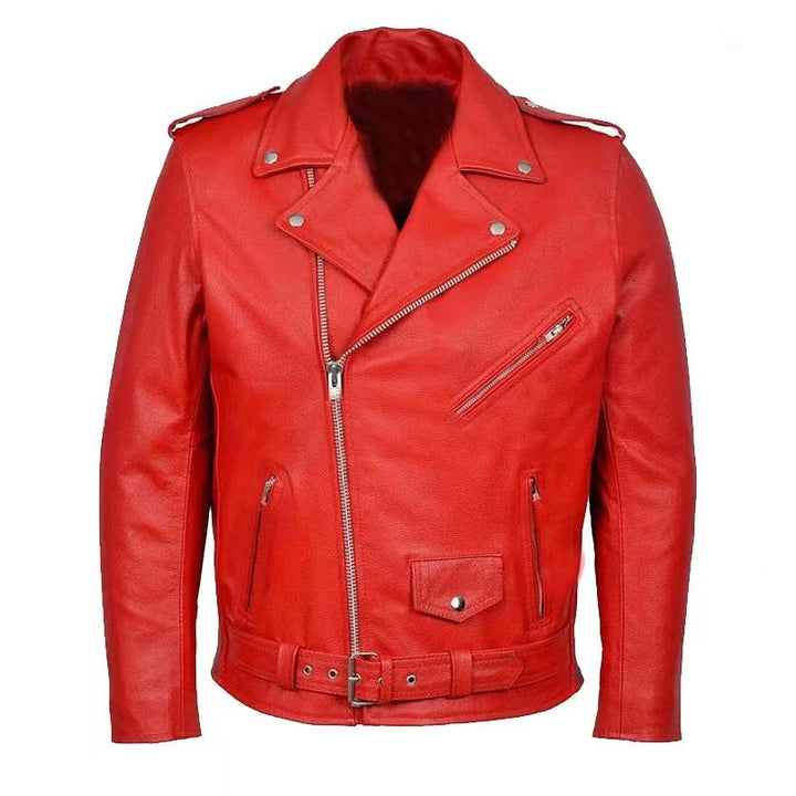 Men's genuine leather biker jacket with asymmetrical zip; sleek design, lapel collar, and belted waist for a rugged look.
