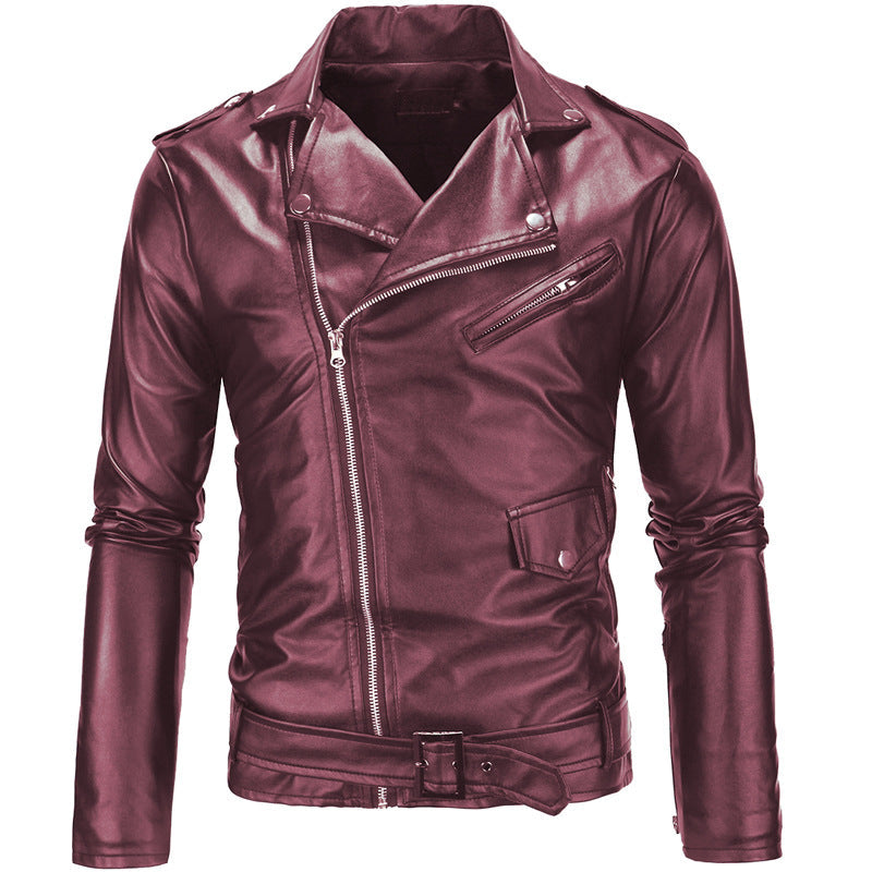 Men's genuine leather biker jacket with asymmetrical zip; sleek design, lapel collar, and belted waist for a rugged look.