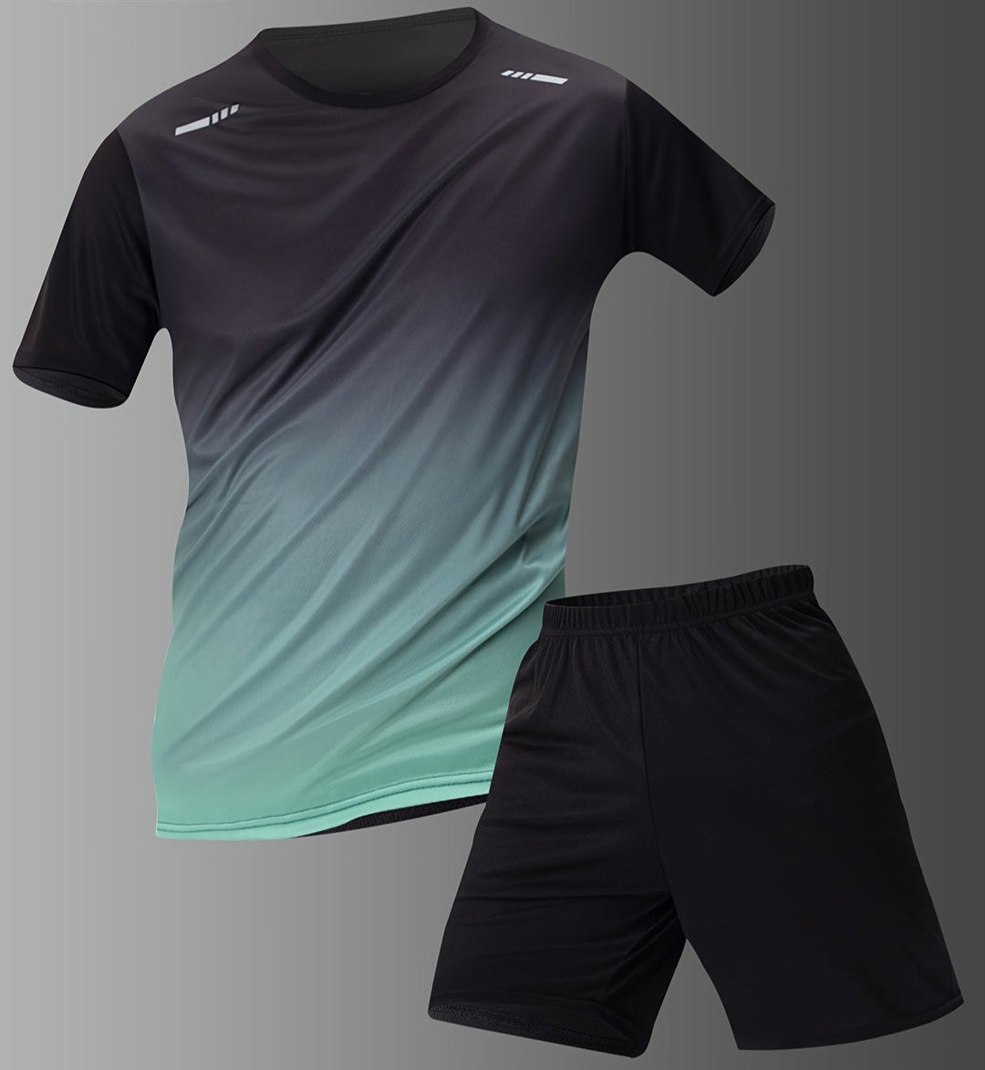 "Men's gradient sports T-shirt & shorts set, showing ombré T-shirt with solid black shorts, perfect for athletic wear."