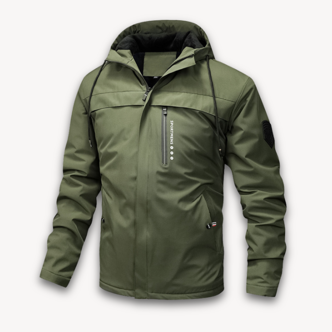 "Men's green waterproof hooded jacket for stylish and durable outerwear. Features sleek design and multi-pocket functionality