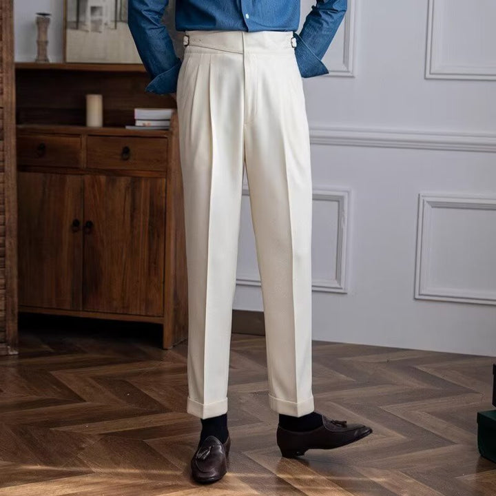 Men's high waist wool blend dress pants with pleated front, straight-leg fit, ideal for formal occasions and professional set