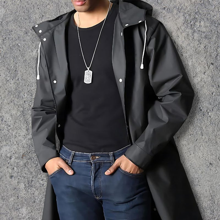 "Men's knee-length waterproof raincoat with hood, sleek lightweight design, button-up closure for a smart, stylish look."