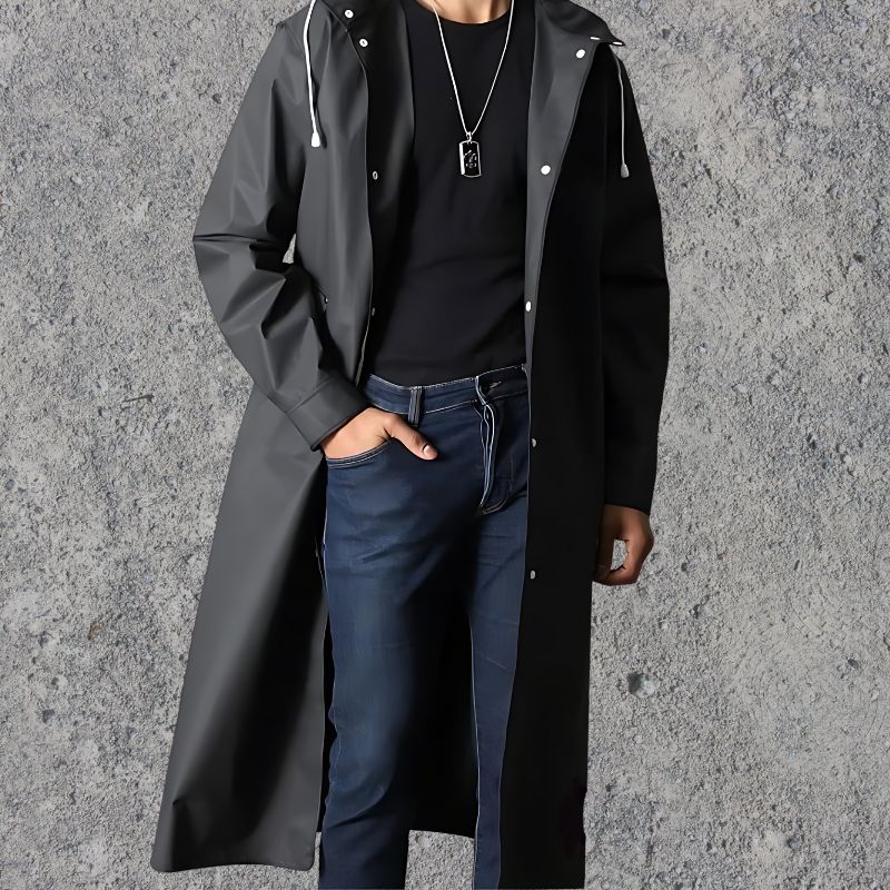 "Men's knee-length waterproof raincoat with hood, sleek lightweight design, button-up closure for a smart, stylish look."