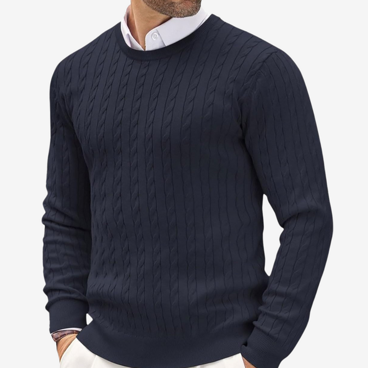 Men's knitted cashmere sweater in soft beige, showcasing luxurious texture and warmth. Ideal for elegant or casual occasions.