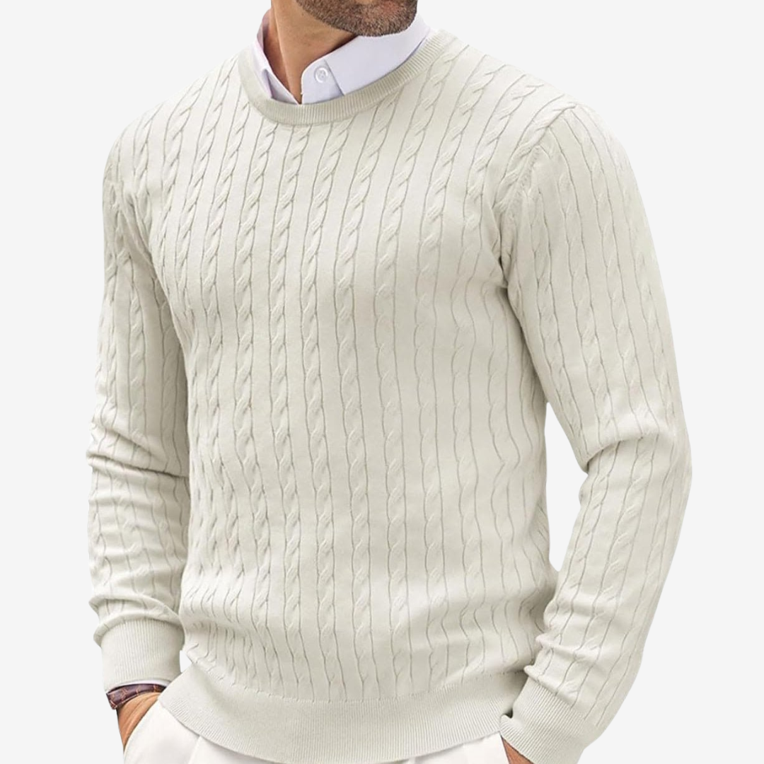 Men's knitted cashmere sweater in soft beige, showcasing luxurious texture and warmth. Ideal for elegant or casual occasions.