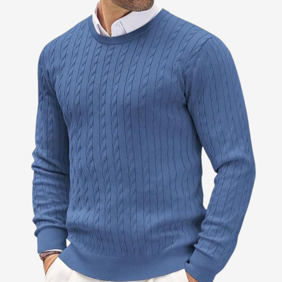 Men's knitted cashmere sweater in soft beige, showcasing luxurious texture and warmth. Ideal for elegant or casual occasions.