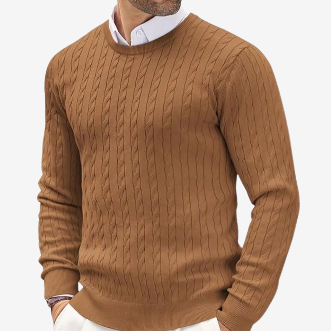 Men's knitted cashmere sweater in soft beige, showcasing luxurious texture and warmth. Ideal for elegant or casual occasions.