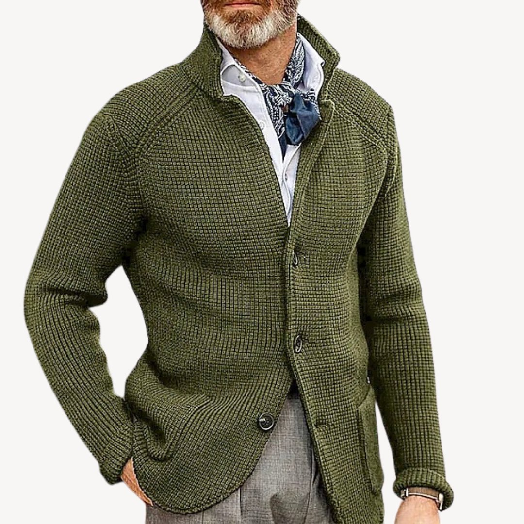 Men's Knitted Wool Cardigan in Navy, button-up design, premium wool, elegant fit, ideal for casual and formal occasions.