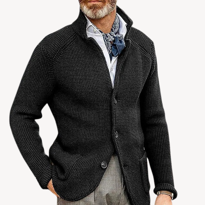 Men's Knitted Wool Cardigan in Navy, button-up design, premium wool, elegant fit, ideal for casual and formal occasions.