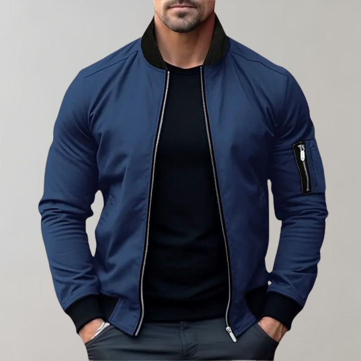 Men's lightweight all-season bomber jacket, regular fit, ribbed cuffs, front view, gray color, versatile outerwear.