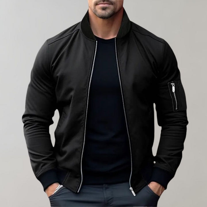 Men's lightweight all-season bomber jacket, regular fit, ribbed cuffs, front view, gray color, versatile outerwear.