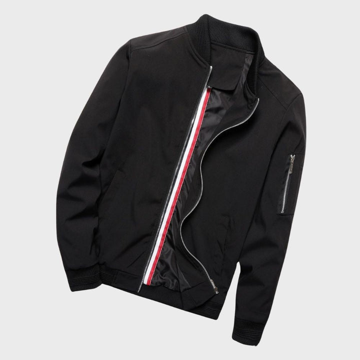 Men's lightweight all-season bomber jacket, regular fit, ribbed cuffs, front view, gray color, versatile outerwear.