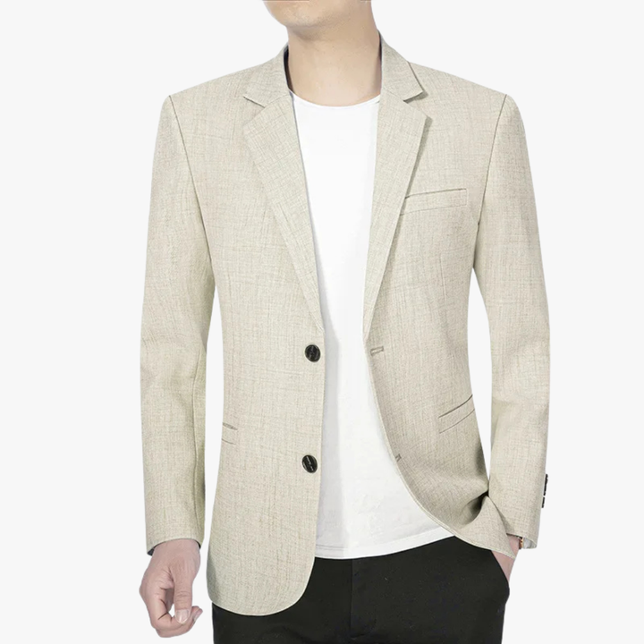 "Men's lightweight blazer, breathable fabric, front view; sleek silhouette, modern lapels, spring style, tailored fit."