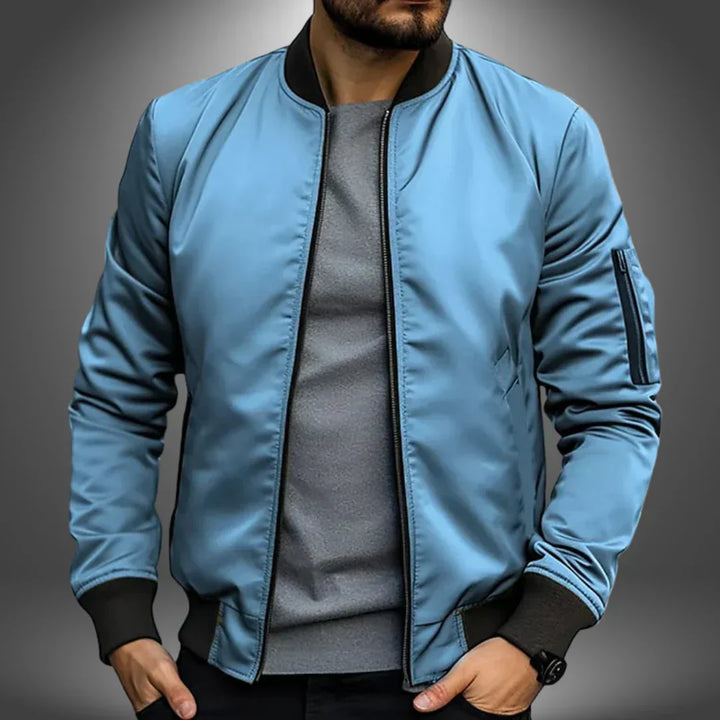"Men's lightweight bomber jacket, casual windbreaker style with slim fit, features ribbed cuffs and arm zip pocket."