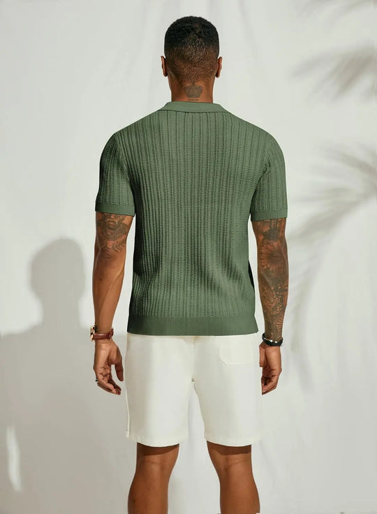 "Men's lightweight knit summer shirt with elegant pattern, perfect for cool evenings; versatile for casual or evening wear."