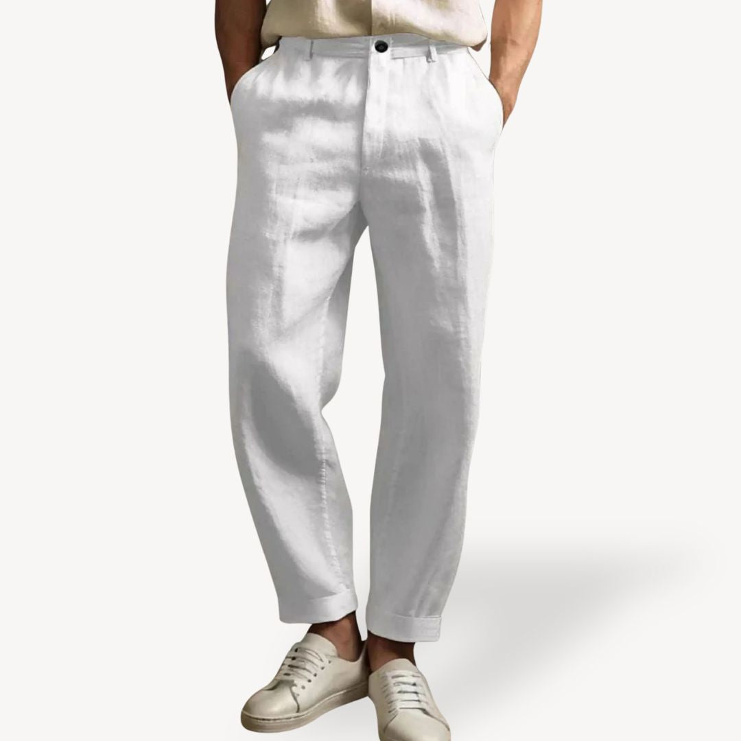"Men's lightweight linen summer pants with side pockets, available in black, green, white, and khaki, shown in relaxed fit."
