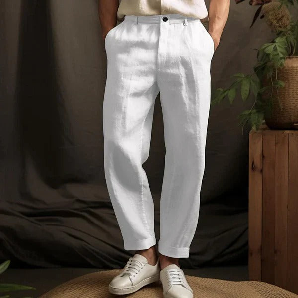 "Men's lightweight linen trousers in light beige, showcasing a relaxed fit for summer comfort and versatile style."