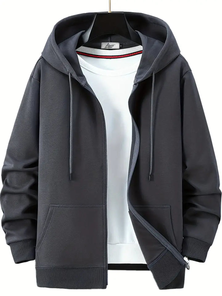 "Men's lightweight spring hoodie, soft cotton-polyester blend, relaxed fit with modern style for versatile casual wear."