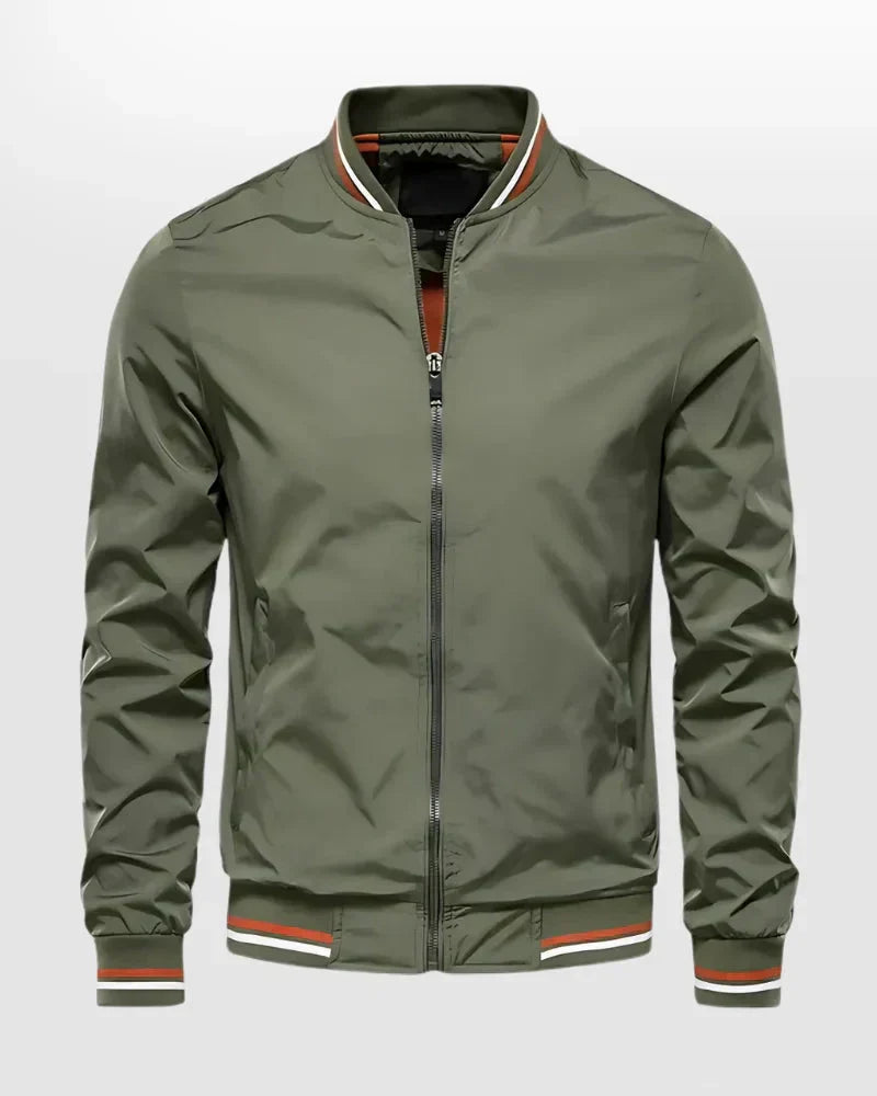 Men's lightweight summer bomber jacket with contrasting stripes, zipper closure, ideal for casual and evening wear.