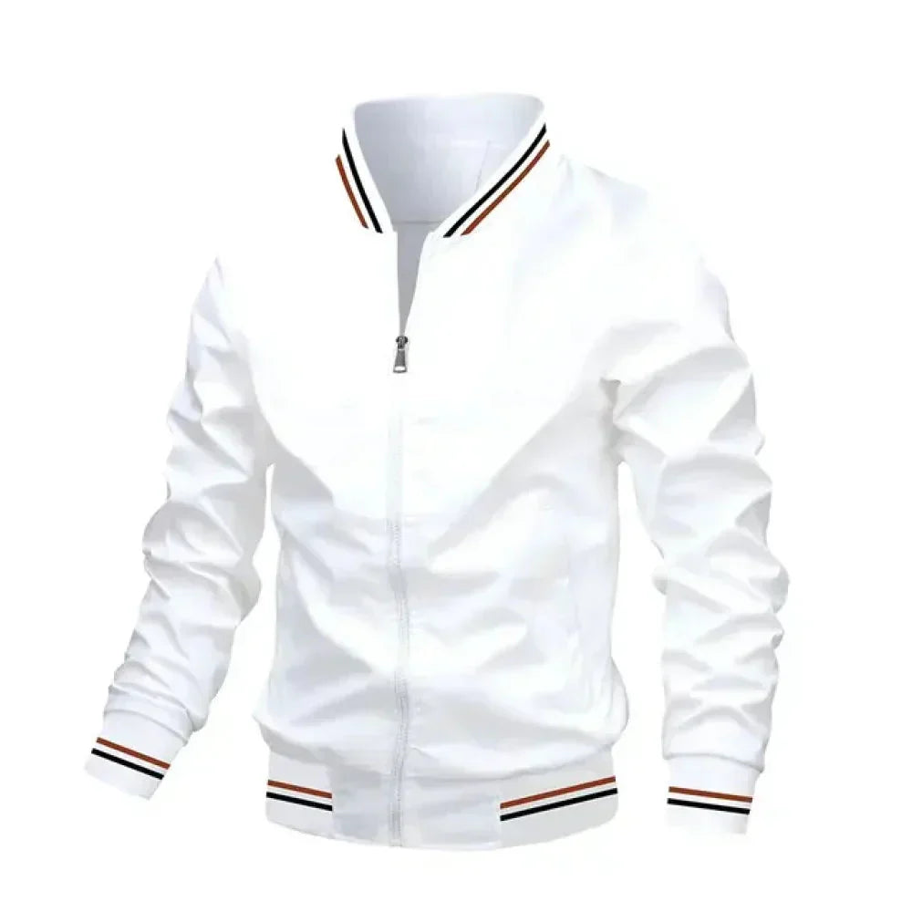 Men's lightweight summer bomber jacket with contrasting stripes, zipper closure, ideal for casual and evening wear.