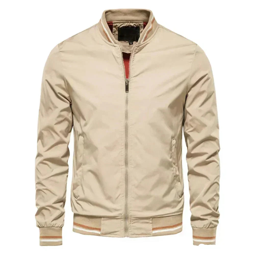 "Men's lightweight summer bomber jacket with ribbed cuffs, zip closure, sleek design in green, ideal for casual or evening we