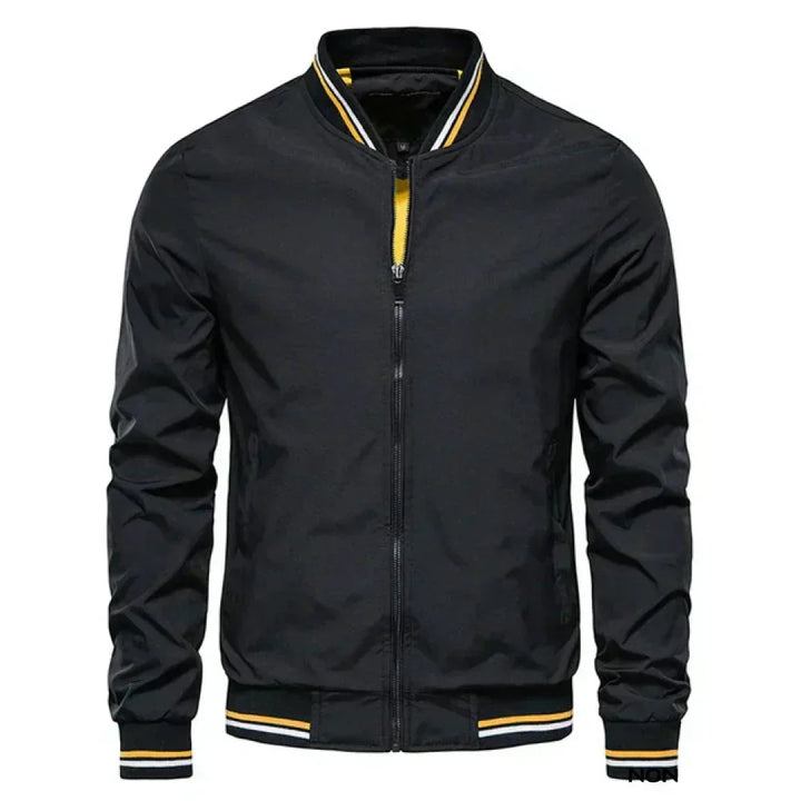 "Men's lightweight summer bomber jacket with ribbed cuffs, zip closure, sleek design in green, ideal for casual or evening we