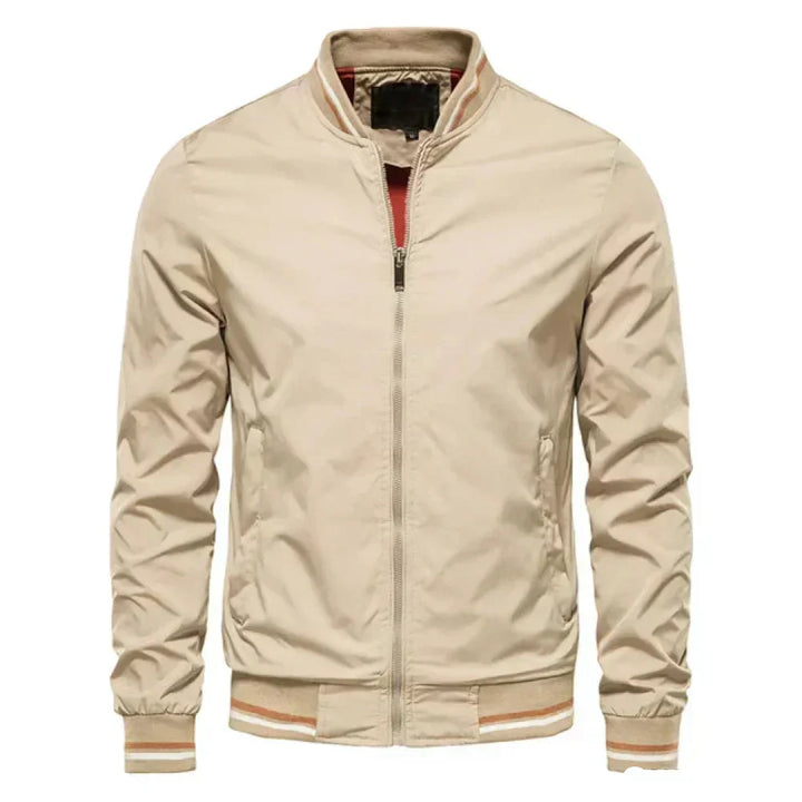 "Men's lightweight summer bomber jacket with ribbed cuffs, zip closure, sleek design in green, ideal for casual or evening we