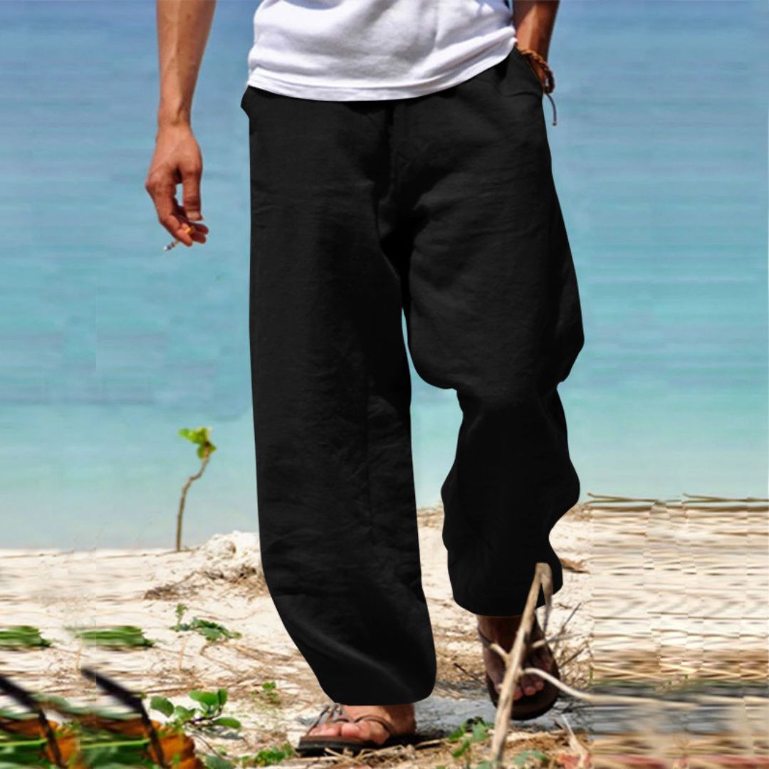"Men's Linen Drawstring Beach Pants, relaxed fit, premium linen, beige color, perfect for summer, casual outings"